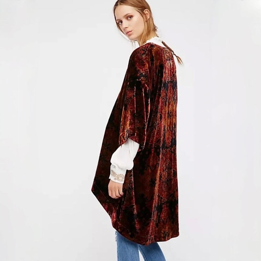 Free People Velvet Paisley Print Kimono - Black Red Gold - Size XS/S